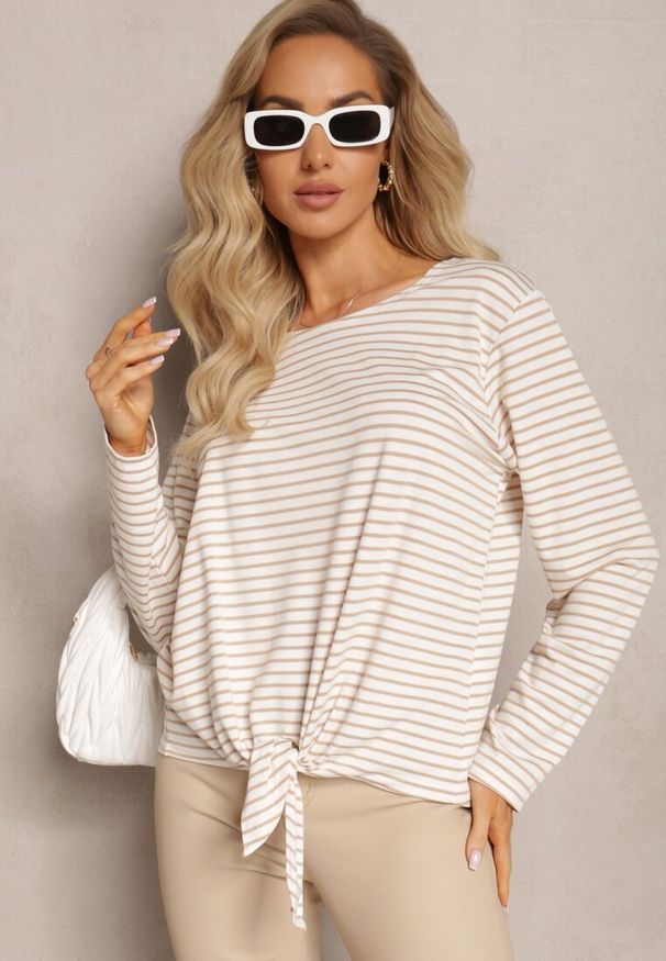 Renee - Beżowa Bawełniana Bluzka z Wiązaniem na Dole Bettine. Kolor: beżowy. Materiał: bawełna. Długość rękawa: długi rękaw. Długość: długie. Sezon: jesień, wiosna. Styl: klasyczny