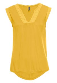Top shirtowy z koronką bonprix żółty. Kolor: żółty. Materiał: koronka. Wzór: koronka #1
