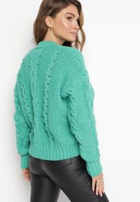 Born2be - Zielony Sweter z Wełną i Bawełną Ozdobiony Grubym Splotem Numike. Kolor: zielony. Materiał: bawełna, wełna. Wzór: ze splotem, aplikacja. Sezon: zima