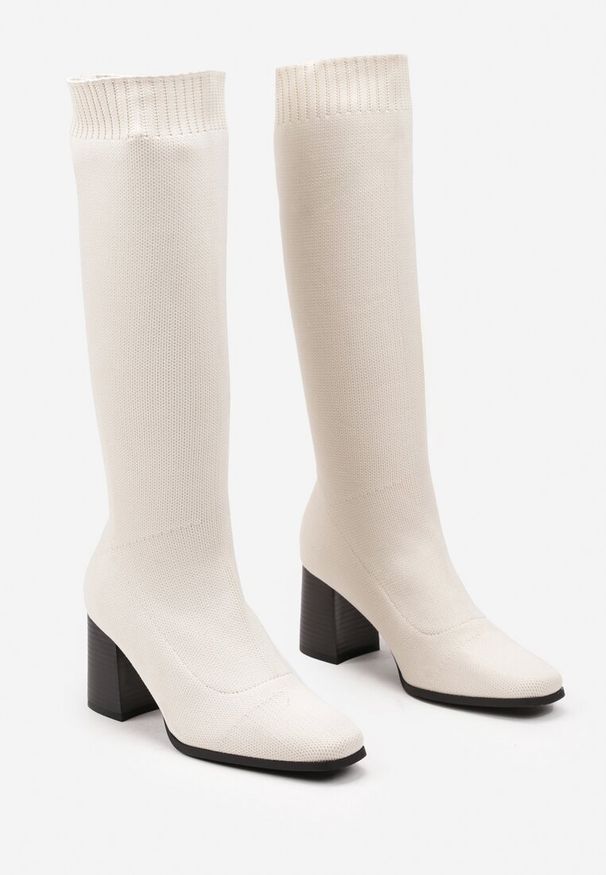 Renee - Beżowe Kozaki na Słupku ze Elastyczną Cholewką Ellitra. Okazja: na co dzień. Kolor: beżowy. Materiał: dzianina, skóra. Szerokość cholewki: normalna. Obcas: na słupku. Styl: casual, elegancki