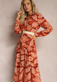 Renee - Pomarańczowa Sukienka Koszulowa w Kwiaty Kolni. Okazja: na co dzień. Kolor: pomarańczowy. Materiał: wiskoza. Długość rękawa: długi rękaw. Wzór: kwiaty. Typ sukienki: koszulowe. Styl: klasyczny, casual #5