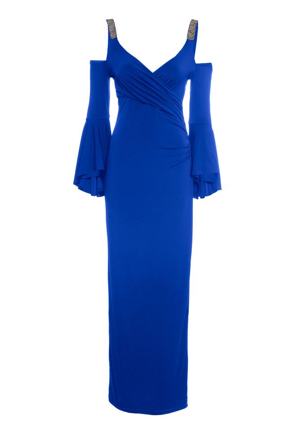 Sukienka wieczorowa "cold-shoulder" bonprix błękit królewski. Kolor: niebieski. Materiał: elastan, poliester, materiał. Styl: wizytowy