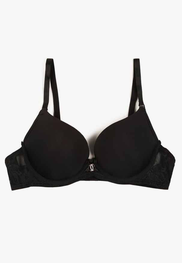 Renee - Czarny Biustonosz z Efektem Push Up i Ozdobną Koronką Emithria. Kolor: czarny. Materiał: koronka. Rodzaj stanika: push-up. Wzór: koronka