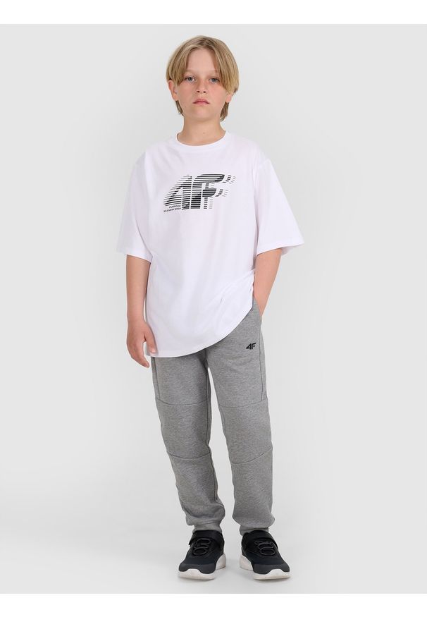 4f - 4F Spodnie dresowe joggery chłopięce - szare 134 (8-9 lat). Okazja: na co dzień. Kolor: szary. Materiał: dresówka. Wzór: gładki, ze splotem. Sezon: lato. Styl: młodzieżowy, casual, sportowy