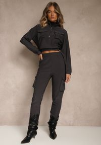 Renee - Ciemnoszary Komplet Dresowy Cargo Bluza ze Stójką i Spodnie Jogger Litene. Kolor: szary. Materiał: dresówka. Sport: turystyka piesza