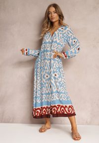 Renee - Niebieska Sukienka Maxi z Rozporkami i Wsuwanymi Kieszeniami Ranno. Kolor: niebieski. Materiał: tkanina. Długość: maxi