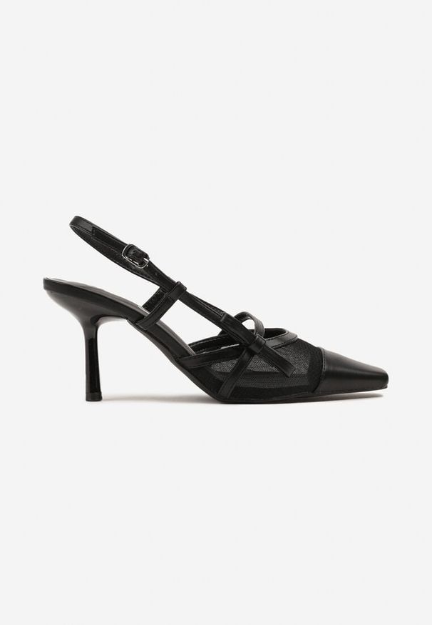 Renee - Czarne Czółenka na Szpilce Typu Slingback z Siateczkową Cholewką Asdexia. Okazja: na co dzień, na spacer. Nosek buta: szpiczasty. Zapięcie: sprzączka. Kolor: czarny. Materiał: jeans. Szerokość cholewki: normalna. Obcas: na szpilce. Styl: elegancki, casual