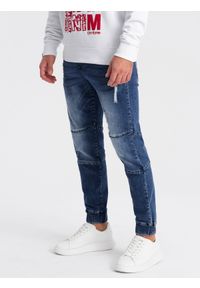 Ombre Clothing - Spodnie męskie marmurkowe JOGGERY z przetarciami - niebieskie V4 OM-PADJ-0153 - XXL. Kolor: niebieski. Materiał: bawełna, elastan, guma