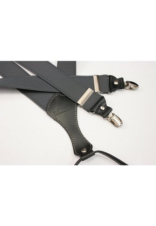 His Story - Grafitowe Eleganckie Szerokie Szelki Męskie, Skóra Naturalna -HIS STORY- Jednokolorowe, Stylowe. Kolor: szary. Materiał: guma, skóra