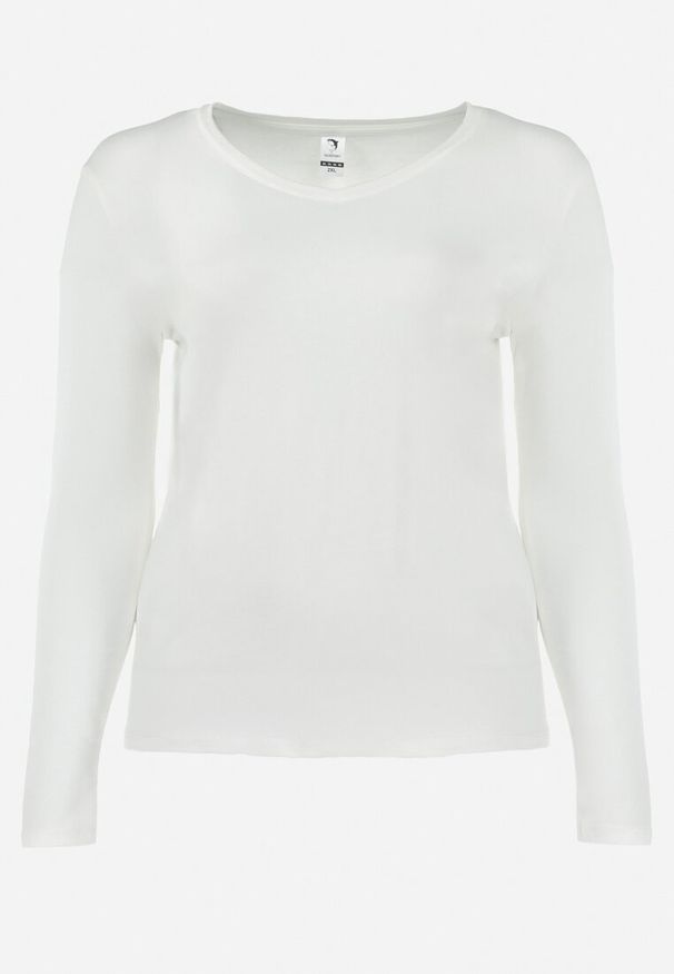 Born2be - Biała Bawełniana Bluzka z Długim Rękawem i Trójkątnym Dekoltem Redsa. Kolor: biały. Materiał: bawełna. Długość rękawa: długi rękaw. Długość: długie. Styl: klasyczny