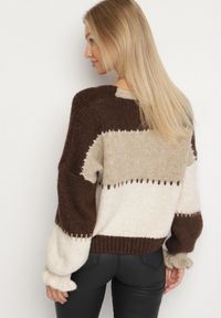Born2be - Brązowy Patchworkowy Kardigan Oversize na Guziki z Falbanką na Rękawach i Wełną Atevita. Kolor: brązowy. Materiał: wełna. Sezon: zima. Styl: klasyczny
