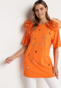 Born2be - Pomarańczowa Bluzka z Bawełny Ozdobiona Kwiatami Cyrkoniami i Kryształkami Leonea. Kolor: pomarańczowy. Materiał: bawełna. Wzór: aplikacja, kwiaty #2