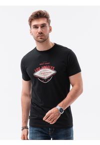 Ombre Clothing - T-shirt męski z nadrukiem S1434 V-21C - czarny - XXL. Kolor: czarny. Materiał: bawełna. Wzór: nadruk