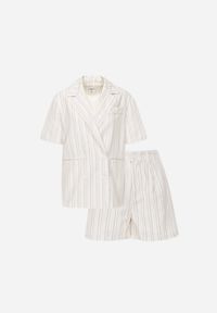 Born2be - Beżowy Komplet z Bawełną i Wiskozą Dwurzędowa Bluzka i Szorty w Paski Vervain. Kolor: beżowy. Materiał: wiskoza, bawełna. Wzór: paski #3