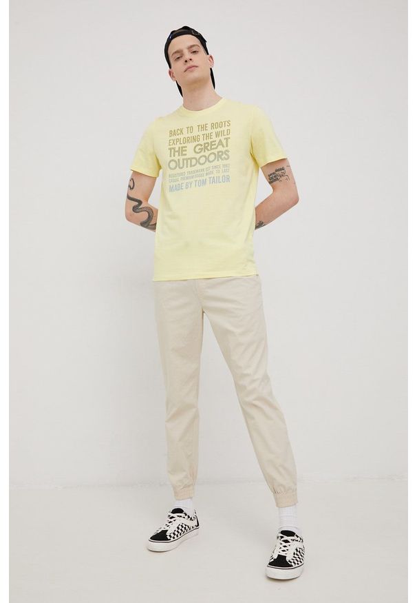 Tom Tailor t-shirt bawełniany kolor żółty z nadrukiem. Kolor: żółty. Materiał: bawełna. Wzór: nadruk