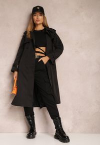 Renee - Czarny Płaszcz Trencz Dwurzędowy Długi Usdusa. Kolor: czarny. Długość: długie. Wzór: gładki. Sezon: wiosna, jesień #3