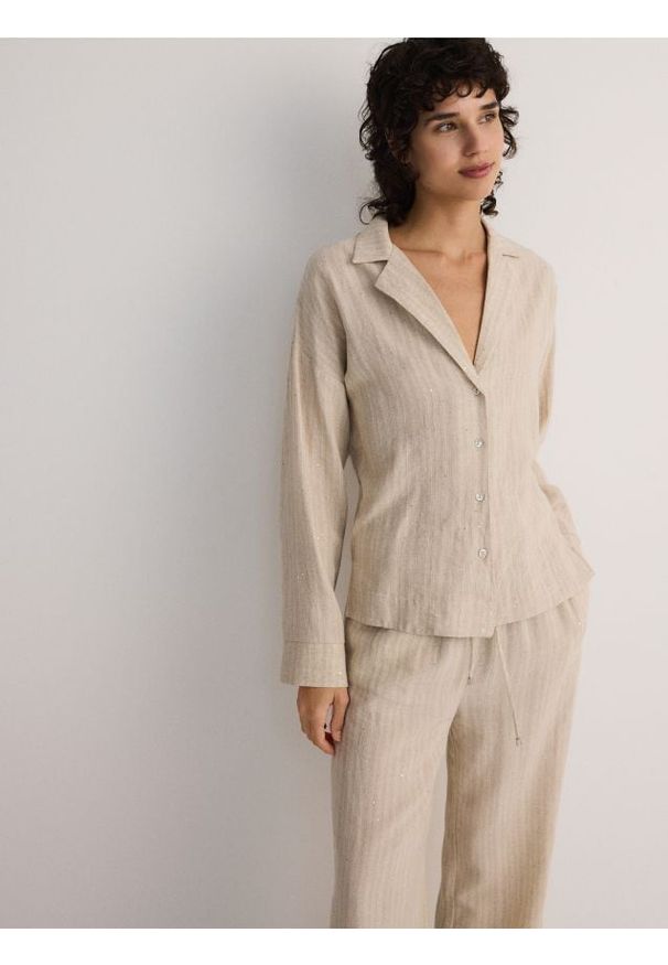 Reserved - Koszula oversize z lnem oraz wiskozą - beżowy. Kolor: beżowy. Materiał: len, wiskoza