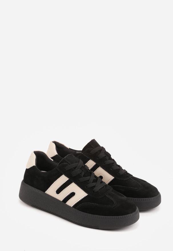 Born2be - Czarne Skórzane Sneakersy na Kauczukowej Podeszwie z Geometrycznym Motywem Shytyse. Kolor: czarny. Materiał: kauczuk, skóra. Wzór: geometria