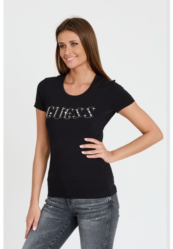 Guess - GUESS Czarny T-shirt z cyrkoniami. Kolor: czarny