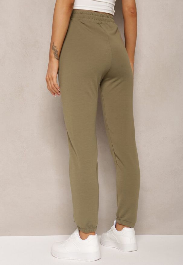Renee - Zielone Spodnie Dresowe High Waist Wiązane w Talii Elvima. Okazja: na co dzień. Stan: podwyższony. Kolor: zielony. Materiał: dresówka. Styl: casual
