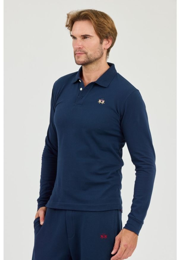 La Martina - LA MARTINA Granatowy męski longsleeve polo Piquet Stretch, Rozmiar XXL. Typ kołnierza: polo. Kolor: niebieski. Długość rękawa: długi rękaw