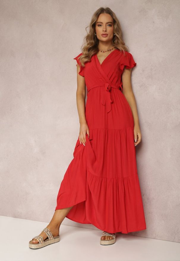 Czerwona długa sukienka Renee prosta, na co dzień, z falbankami, casualowa  3100001662775 - Długie sukienki damskie 