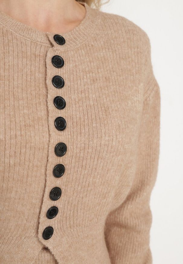 Born2be - Ciemnobeżowy Dzianinowy Komplet z Wełną Spódnica z Gumką i Kardigan na Guziki Colzina. Kolor: beżowy. Materiał: wełna, dzianina