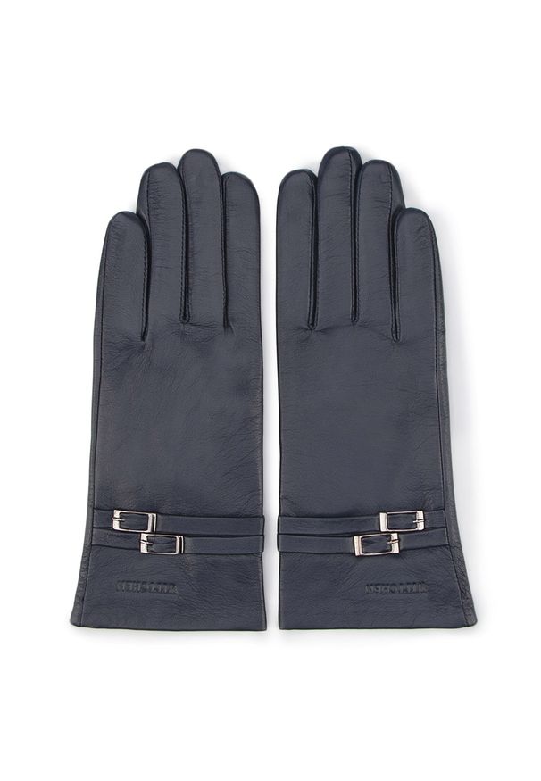 Wittchen - Damskie rękawiczki skórzane ze sprzączkami. Kolor: niebieski. Materiał: skóra. Styl: elegancki