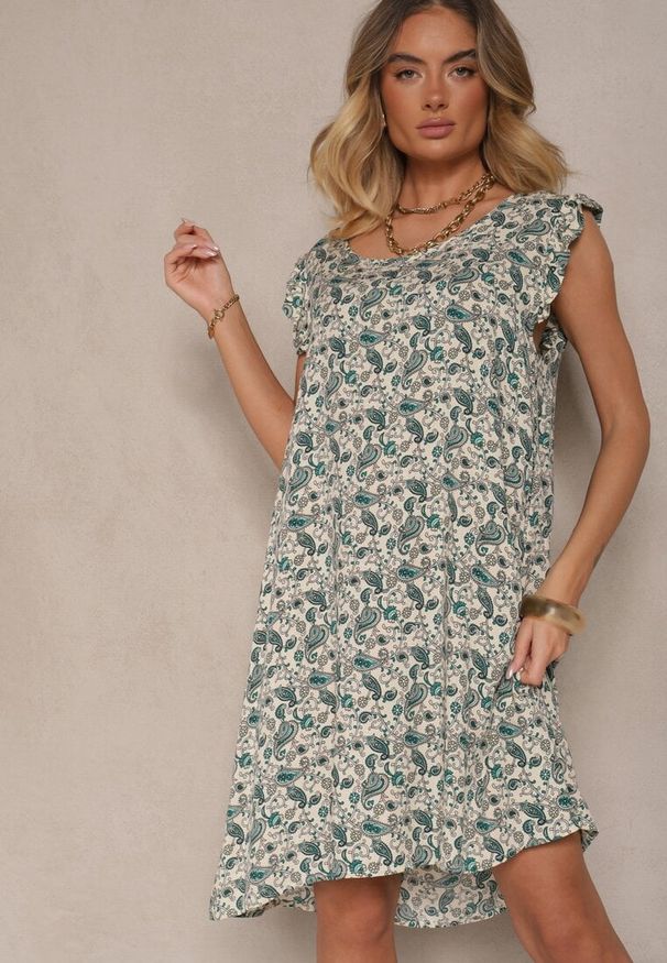 Renee - Zielona Sukienka z Bawełny o Rozkloszowanym Kroju w Print Paisley Islio. Okazja: do pracy, na imprezę, na co dzień. Kolor: zielony. Materiał: bawełna. Wzór: paisley, nadruk. Sezon: lato. Typ sukienki: proste, rozkloszowane. Styl: casual, elegancki