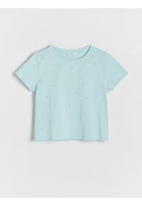 Reserved - T-shirt z cyrkoniami - jasnoturkusowy. Kolor: turkusowy. Materiał: bawełna. Długość: krótkie #1