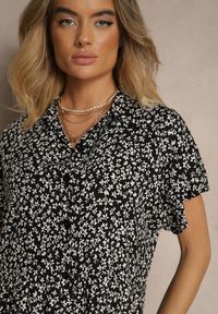 Renee - Czarno-Biała Koszulowa Sukienka z Bawełny w Kwiaty o Rozkloszowanym Fasonie Sarilon. Okazja: na co dzień. Kolor: czarny. Materiał: bawełna. Długość rękawa: krótki rękaw. Wzór: kwiaty. Typ sukienki: koszulowe. Styl: elegancki, casual #5