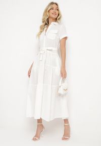 Born2be - Biała Sukienka z Bawełny o Koszulowym Kroju z Wiązaniem w Talii Wosofia. Okazja: do pracy. Kolor: biały. Materiał: bawełna. Typ sukienki: koszulowe. Styl: elegancki #4