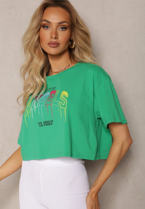 Renee - Zielony Bawełniany T-shirt Crop Top z Ozdobną Aplikacją Axindra. Kolor: zielony. Materiał: bawełna. Wzór: aplikacja