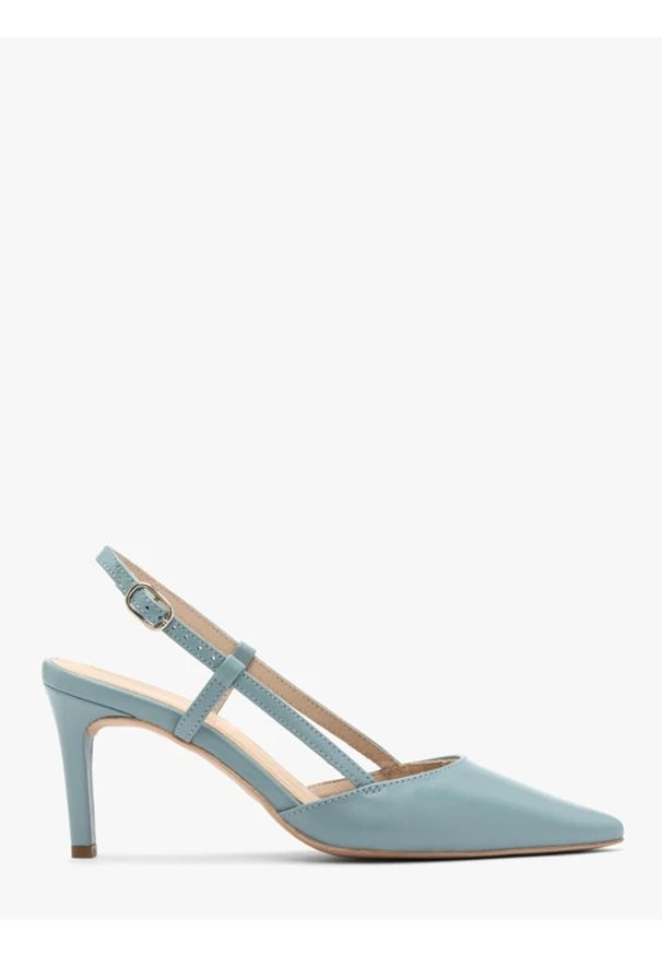 Ryłko - Niebieskie czółenka typu slingback. Zapięcie: pasek. Kolor: niebieski. Materiał: skóra. Obcas: na obcasie. Styl: street. Wysokość obcasa: średni