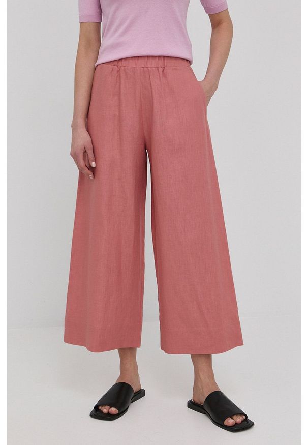 Max Mara Leisure spodnie lniane damskie kolor różowy szerokie high waist. Stan: podwyższony. Kolor: różowy. Materiał: len