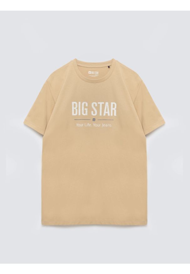 Big-Star - Koszulka męska o klasycznym kroju beżowa Bruno 800. Kolor: beżowy. Materiał: tkanina, bawełna. Wzór: nadruk. Styl: klasyczny