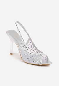 Renee - Srebrne Siateczkowe Sandały na Szpilce VICES Ozdobione Cyroniami Amamenis. Nosek buta: otwarty. Kolor: srebrny. Materiał: skóra, materiał. Wzór: aplikacja. Sezon: lato. Obcas: na szpilce. Wysokość obcasa: średni #2