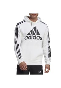 Adidas - Bluza adidas Essentials Fleece 3-Stripes Logo Hoodie HL2238 - biała. Okazja: na co dzień. Typ kołnierza: kaptur. Kolor: biały. Materiał: wiskoza, bawełna, poliester. Wzór: aplikacja, paski. Styl: casual, klasyczny