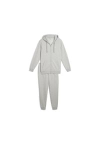 Puma - Męskie dres z kapturem PUMA Light Gray Heather. Kolor: czarny, szary, wielokolorowy. Materiał: dresówka. Wzór: haft, aplikacja
