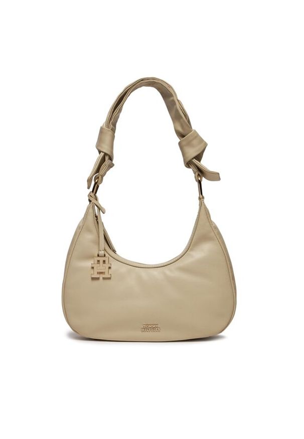 TOMMY HILFIGER - Tommy Hilfiger Torebka Pushlock Leather Hobo AW0AW16073 Beżowy. Kolor: beżowy. Materiał: skórzane