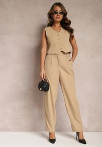 Renee - Beżowe Szerokie Spodnie z Kieszeniami o Garniturowym Kroju Verati. Kolor: beżowy #1