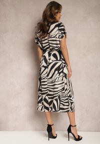 Renee - Beżowo-Czarna Midi Sukienka Pudełkowa w Animal Print z Paskiem Avula. Kolor: beżowy. Wzór: nadruk. Styl: klasyczny, elegancki. Długość: midi #4