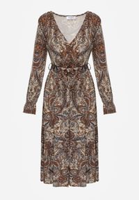 Born2be - Brązowo-Beżowa Sukienka z Gumką w Pasie i Wzorem Paisley Faendra. Kolor: brązowy. Materiał: materiał. Długość rękawa: długi rękaw. Wzór: paisley. Typ sukienki: kopertowe #3