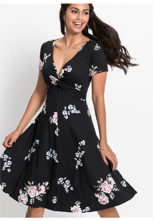 bonprix - Sukienka z dżerseju z mieszanki wiskozy. Typ kołnierza: dekolt w serek. Kolor: czarny. Materiał: jersey, wiskoza