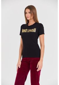 Just Cavalli - JUST CAVALLI Czarny damski t-shirt Logo Gold, Rozmiar S. Kolor: czarny