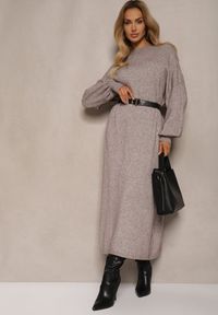 Renee - Beżowa Pudełkowa Sukienka z Wiskozą i Półgolfem Salindra. Kolor: beżowy. Materiał: wiskoza. Styl: elegancki #3