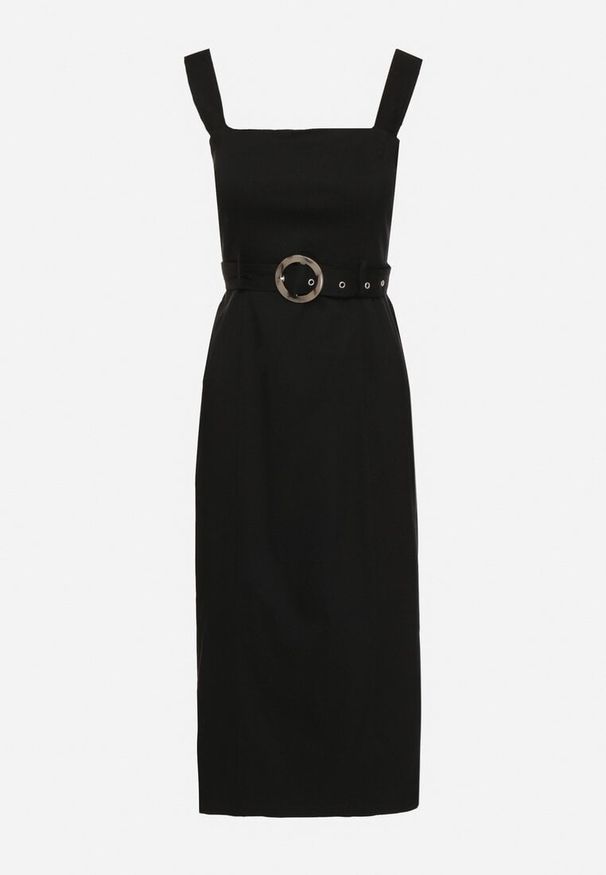 Born2be - Czarna Dopasowana Sukienka z Wiskozą z Rozcięciami i Paskiem z Klamrą Mepelle. Okazja: na co dzień. Typ kołnierza: dekolt kwadratowy. Kolor: czarny. Materiał: wiskoza. Typ sukienki: dopasowane. Styl: elegancki, casual, klasyczny