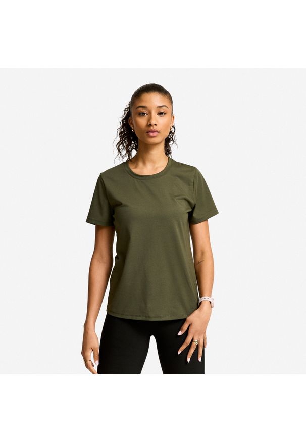 Decathlon - Koszulka fitness damska krótki rękaw. Kolor: zielony, brązowy, wielokolorowy. Materiał: poliester, bawełna, materiał. Długość rękawa: krótki rękaw. Długość: krótkie. Sport: fitness