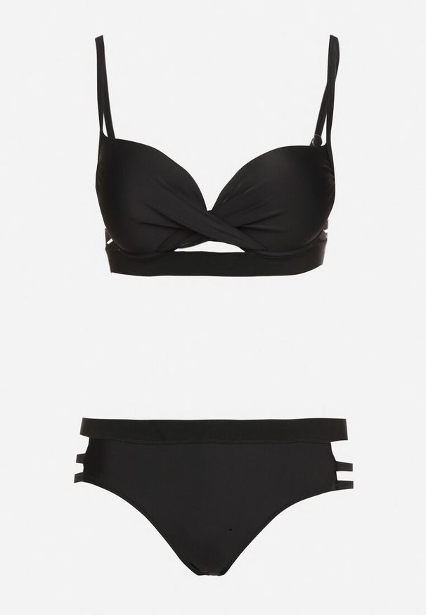 Born2be - Czarne Bikini Biustonosz z Wiązaniem i Majtki Figi Zdobione Wycięciami Kinelena. Kolor: czarny. Materiał: len. Wzór: aplikacja
