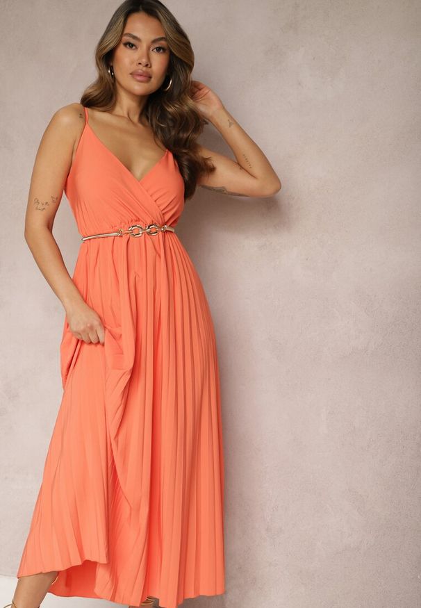 Renee - Pomarańczowa Długa Sukienka Kopertowa o Rozkloszowanym Kroju na Ramiączkach Kaemera. Kolor: pomarańczowy. Długość rękawa: na ramiączkach. Typ sukienki: kopertowe. Długość: maxi